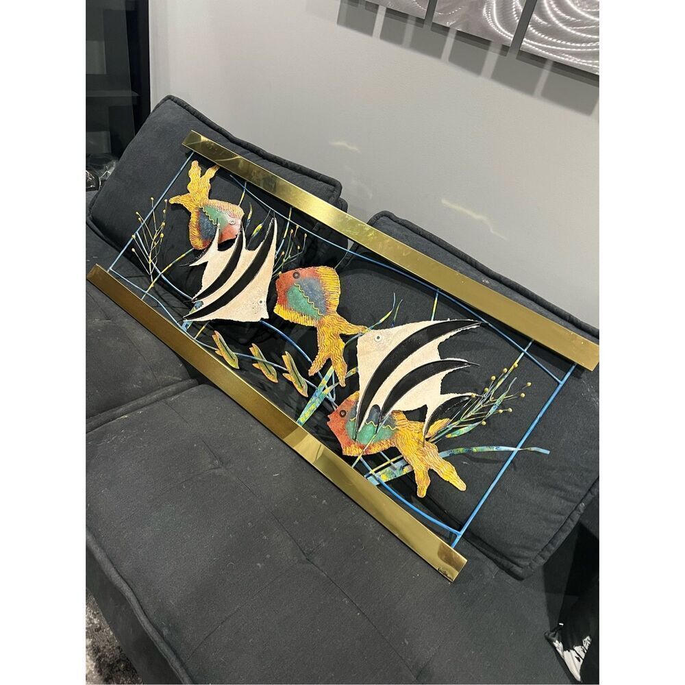 Tropical Fish in Aquarium, Metal Wall Sculpture, Signed C. Jere